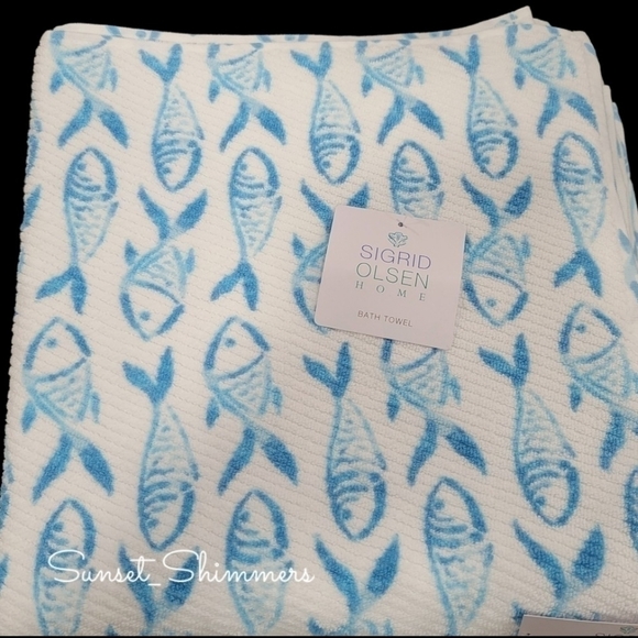 6pc Sigrid Olsen Coastal Nautical Skool Blue Fish Bath Hand Tip Towel Set Cotton - Picture 6 of 8